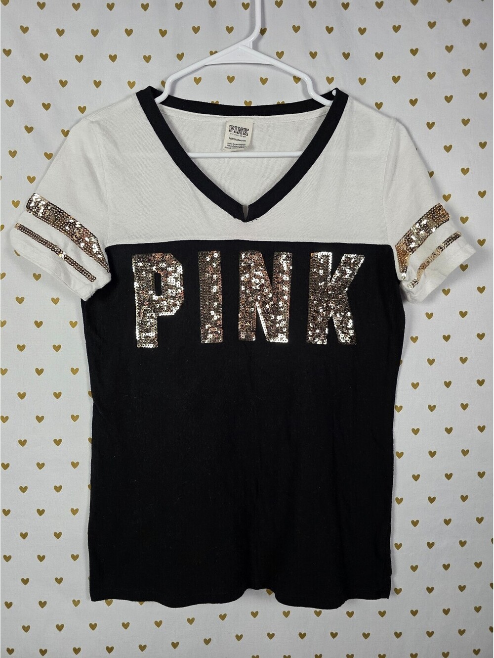 Victorias Secret PINK BLING V neck colorblock Gold Sequin Tee shirt XS